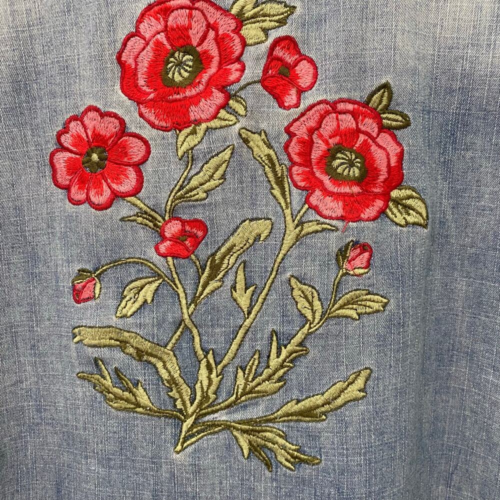 En Creme Womens S Embroidered Floral Chambray Denim Shirt Tunic Long Sleeve - Picture 3 of 14